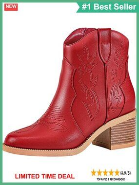 Embroidered Western Cowboy Ankle Boots Round Toe Chunky Heel Booties